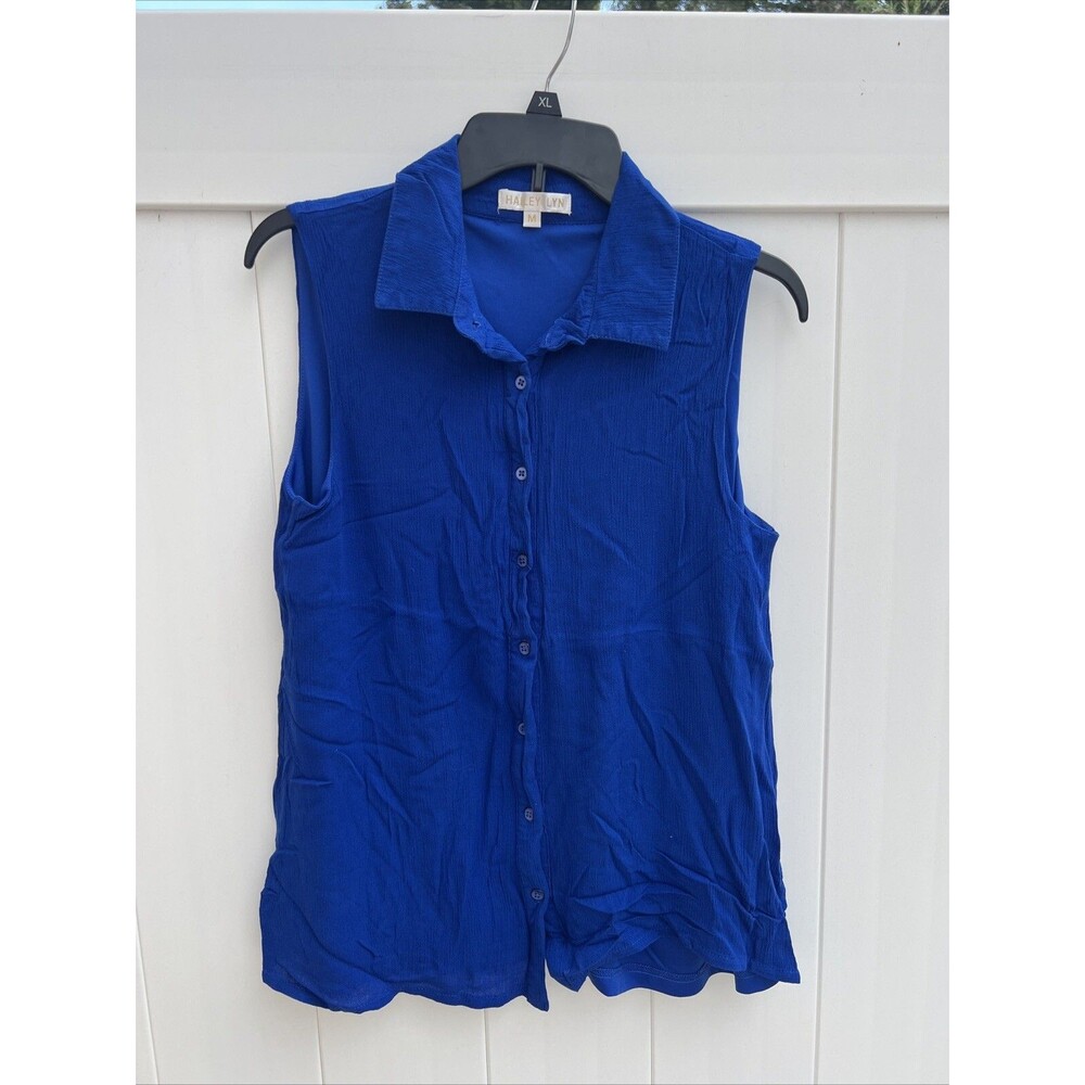 Hailey Lyn Womens M Sleeveless Button Up Lined Collared Blouse Blue